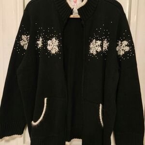 Womens Black Full Zip Front Snowflake Pearl Angora Rabbit Hair Sweater Size 2X